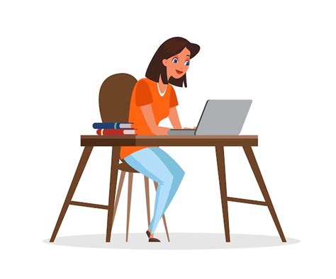 Premium Vector Woman Using Laptop Illustration Girl Sitting At Desk Freelancer Cartoon