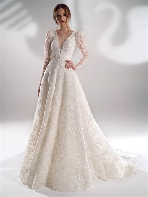 sparkling lace ball gown wedding dress with long sleeves