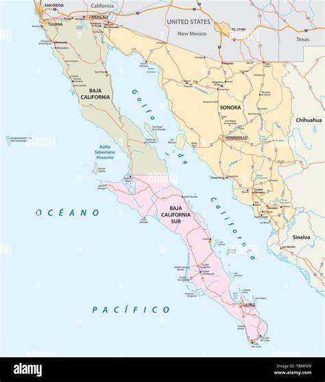 road map of the mexican states of sonora baja california and baja california south stock vector