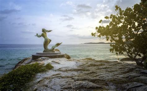 Mermaid Statue And Children At Sai Kaew Beach In Samed Island Rayong