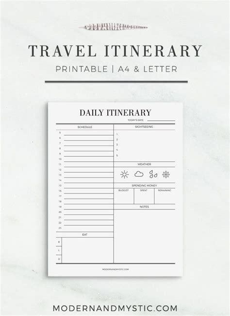 Travel Itinerary Printable Printable Travel Schedule Vacation Day