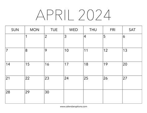 Printable April 2024 Calendar Calendar Options