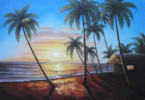 30x42 Framed Oil Painting Hawaii Beach Sunset Sea Palm Trees Hammock Seascape Ebay