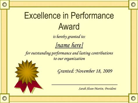 Outstanding Excellence In Performance Awards Certificate Throughout