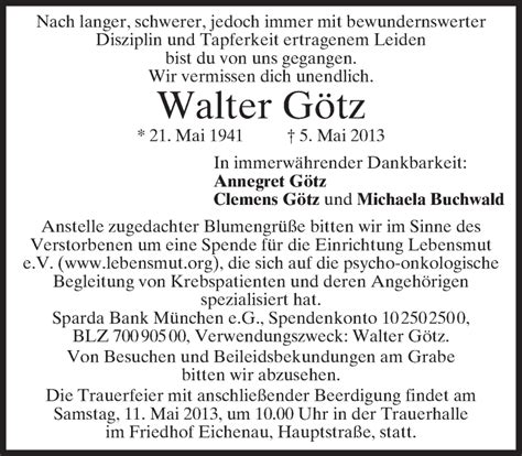 Traueranzeigen Von Walter Götz Trauermerkurde