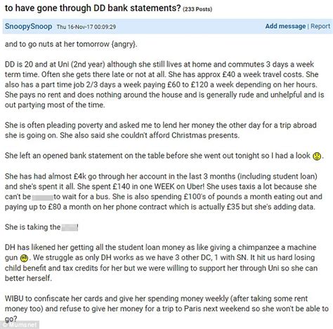 Mumsnet User Says She Read Her Daughter S Bank Statements Daily Mail