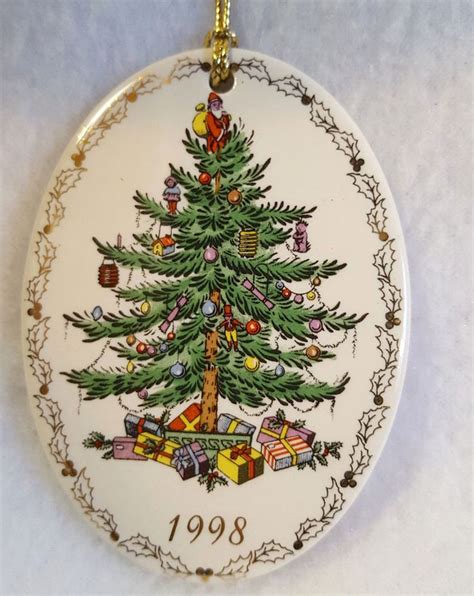 Vintage Spode Christmas Tree Ornament Porcelain 2 Sided Happy Holidays
