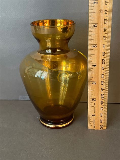 Vintage Yellow Amber Glass Moriage Flower Gold Trim Vase Ebay