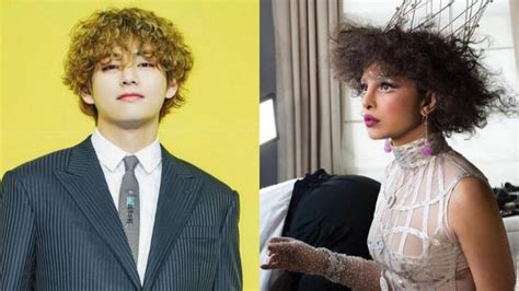 curly hair of kim taehyung aka v has been compared to priyanka chopra s met gala appearance