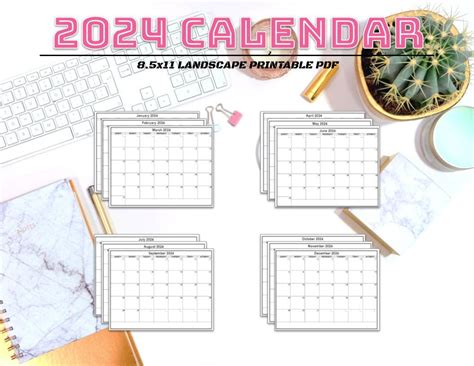 Printable Calendar 2024 85x11 Landscape Digital Download 13 Pages