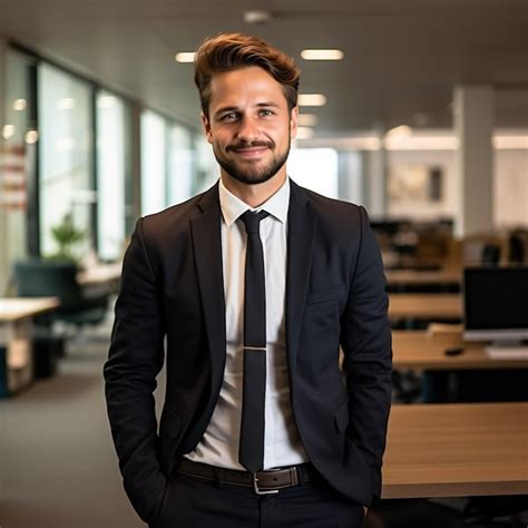 25세의 독일 사업가가 사무실에 서서 갈색 머리를 하고 웃고 있는 사진 프리미엄 사진