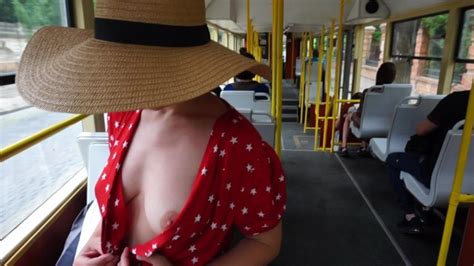 Real Amateur Wife Flashing Tits At Public Transport And Park Handjob With Cumshot On Boobs