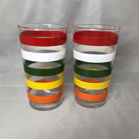 Four Vintage Glass Tumblers With Primary Stripes Etsy