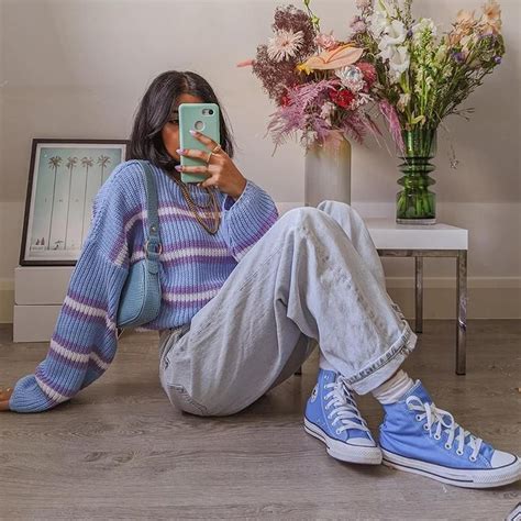90s Aesthetic Style Knitted Sweater M Blue Retro Outfits Cute