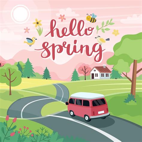 Premium Vector Spring Road Trip Landscape With A Cute Car On The Road