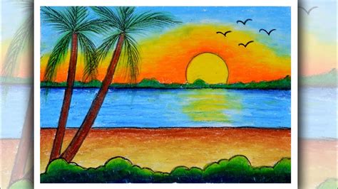 How to draw a beautiful sunset easy drawing and painting learn how to draw a art easy drawing secnery easy art simple drawing easy drawing and painting learn. How to draw sea beach scenery | Sunset drawing with oil ...