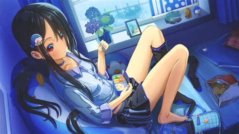 Abo Kawatasyunnnosukesabu Barefoot Bed Black Hair Choker Flowers Food Long Hair Original Rain