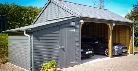 The open, roofed structures can shield automobiles, motorcycles, boats and other vehicles from the elements. Wooden Carports in Devon by Shields Garden Buildings