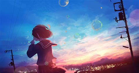 Looking for the best anime wallpaper ? Wallpaper Anime School Girl, Bubbles, Sunset, Painting ...
