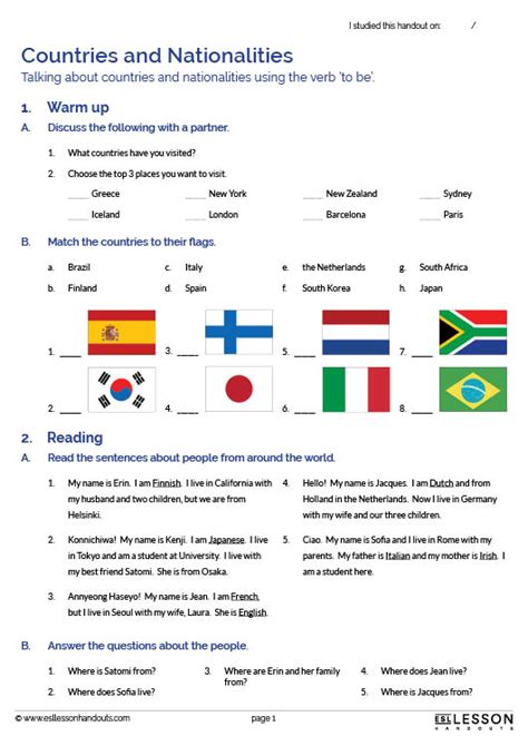 Countries And Nationalities Esl Lesson Handouts