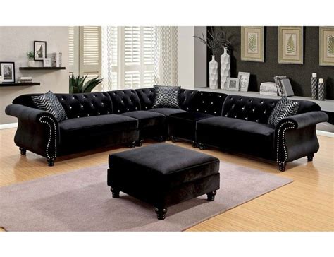 Faris Black Velvet Crystal Tufted Sectional Sectional Living Room