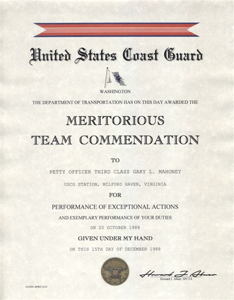 Coast Guard Meritorious Team Commendation Certificate