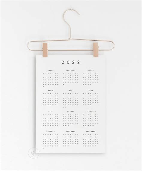 2021 2022 Calendar Printable One Page Modern Year At A Glance Etsy