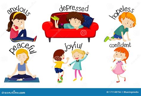 Set Of Children Expressing Feelings With Adjective Words Stock Vector