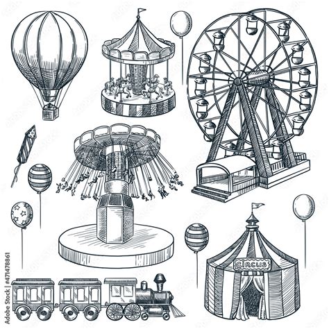 Amusement Park Design Elements Vector Hand Drawn Sketch Illustration Circus Tent Carousel