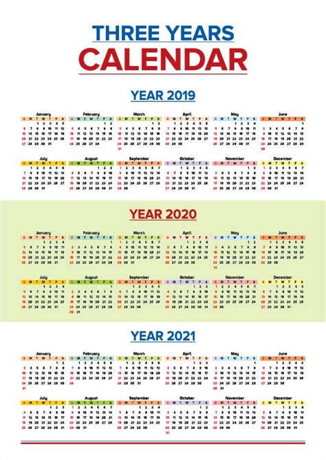 Three Years 2019 2020 And 2021 Calendar Design Template Free Vector
