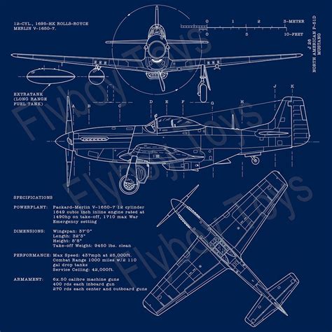P 51 Mustang Fighter Plane Ww2 Aircraft Blueprint Style Art Print 8x10