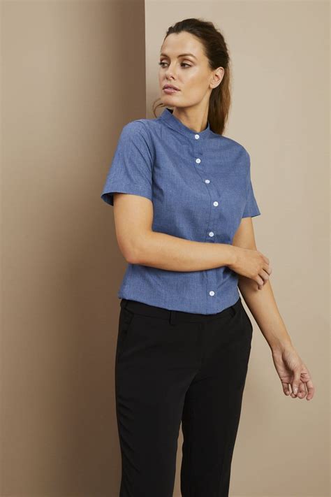 Womens Short Sleeve Denim Look Banded Collar Shirt Blue Denim