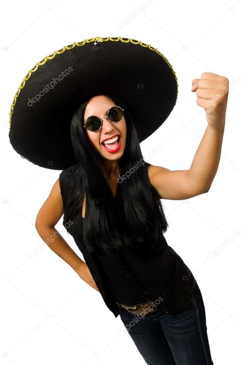 Young Mexican Woman Wearing Sombrero Isolated On White — Stock Photo