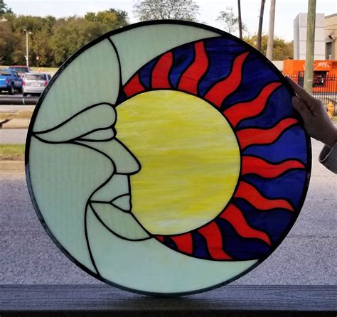 P 198 Sun And Moon Stained Glass Hanging Panel Etsy