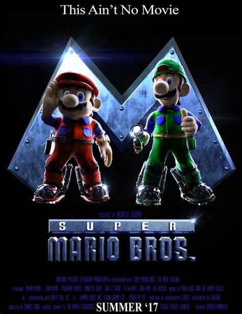 Two Super Mario Bros Standing Next To Each Other In Front Of A Poster For The Movie