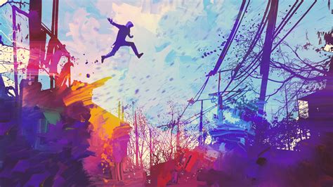 Man Jumping Roof Abstract Illustration Painting 4k