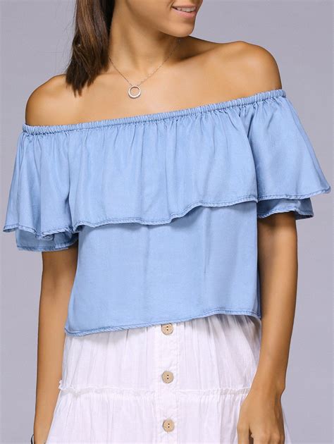 [21 off] off the shoulder flounced solid color blouse rosegal