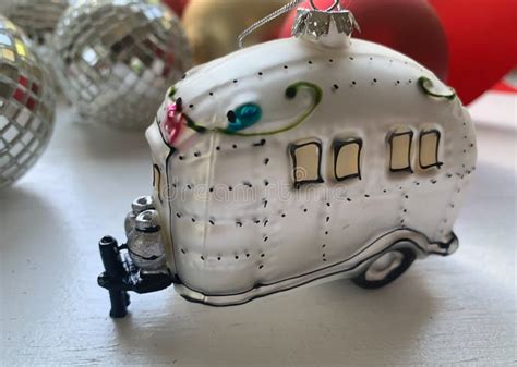 Airstream Christmas Ornament And Disco Ball On White Background Stock