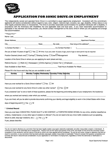 If you're taking a driver training course, give your wdl number to the driver training school. Application For Sonic Drive-In Employment Form printable ...