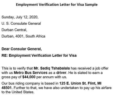 Letter Of Employment Visa Sample Employment Verification Letter For