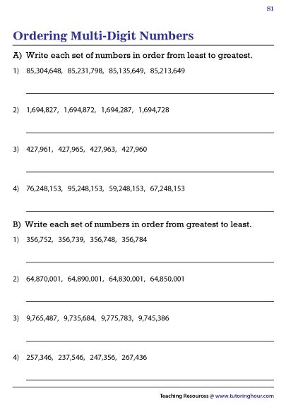 Ordering Multi Digit Numbers Worksheets