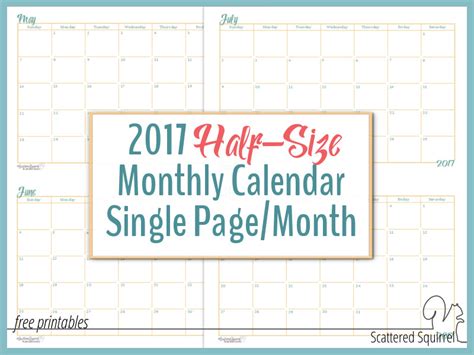 2017 Half Size Monthly Calendar Printables