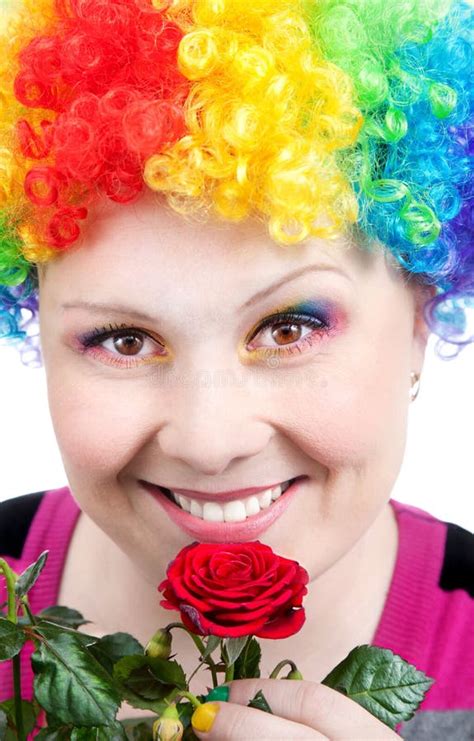 Clown With Rainbow Make Up With Rose Stock Photo Image Of Purple