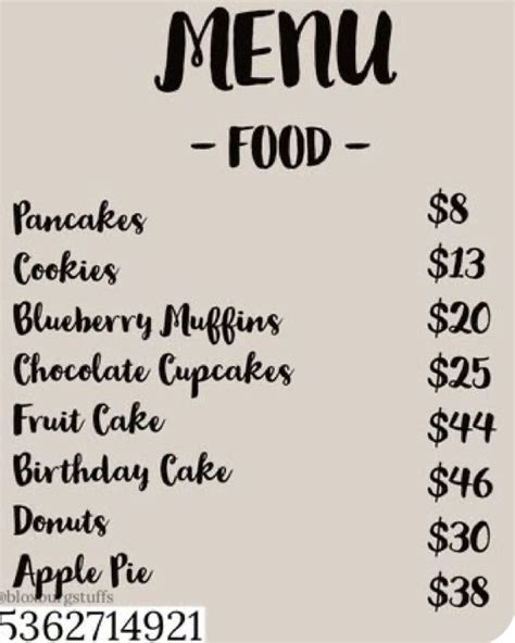 Menu For A Bakerycafe In 2021 Bloxburg Decal Codes Roblox Codes