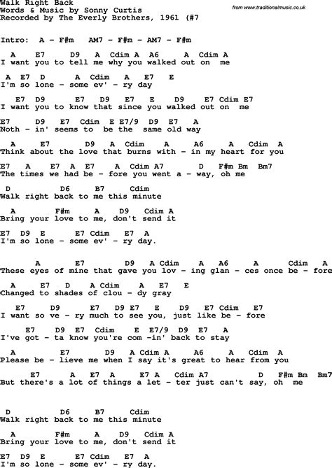 Song Lyrics With Guitar Chords For Walk Right Back The Everly