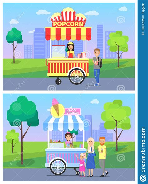 Popcorn Ice Cream Stalls Set Vector Illustration Stock Vector Illustration Of Modern Business