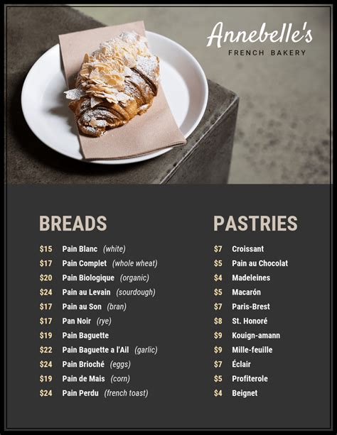 Aside from making scrumptious cakes, bread, and pastries, one of the most important tasks when selling your baked goods is creating menus. French Bakery Menu Template