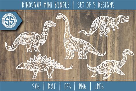 Dinosaur Mandala Zentangle Mini Bundle Set of 5 - SVG (1079542) | Cut