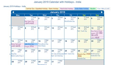 Print Friendly January 2019 India Calendar For Printing