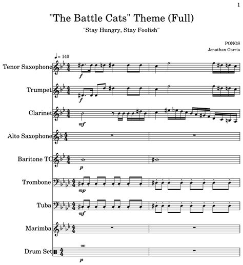 The Battle Cats Theme Full Sheet Music For Tenor Saxophone